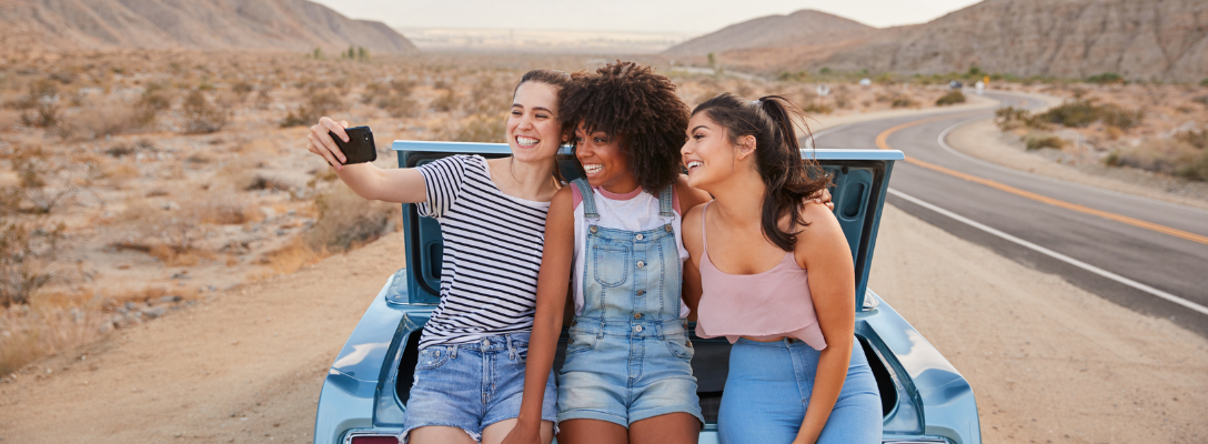 Friends Taking Selfie While on Road Trip to Las Vegas